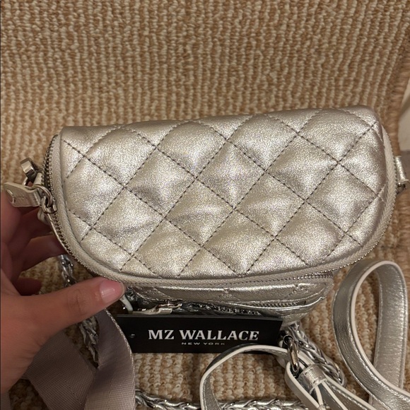 MZ Wallace Micro Crosby Silver Leather Quilted Sling - Picture 9 of 12